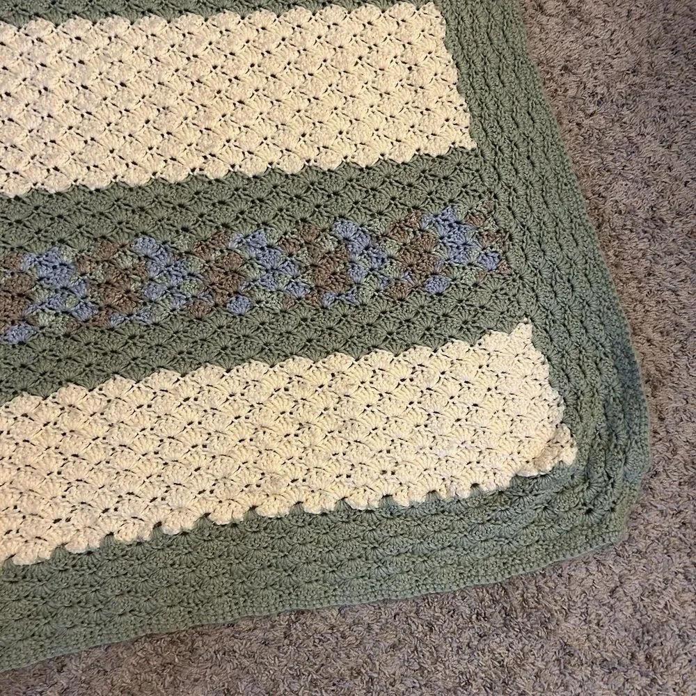 Handmade Crochet Afghan Lap/sofa Blanket 38 x 70” Green Cream Blue Brown